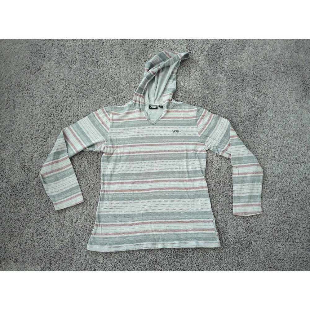 Vans Hoodie Womens Small Gray‎ Pink Green Stripe V Neck Lightweight Long Sleeve